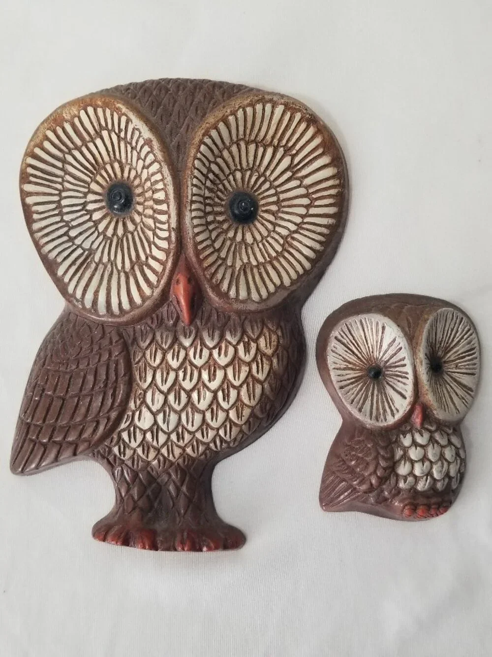 Vintage Mid Century Modern Big Eye Owl Pair Sculpted Foam Retro Wall Hanging Art